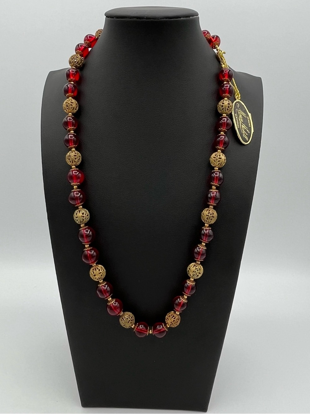 Vintage 1930s Miriam Haskell Red Glass Necklace with Rare Foil Tag